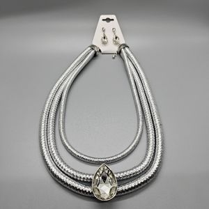 Fashion Jewerly Teardrop Gem Multi Silver Thread Necklace & Earring Set